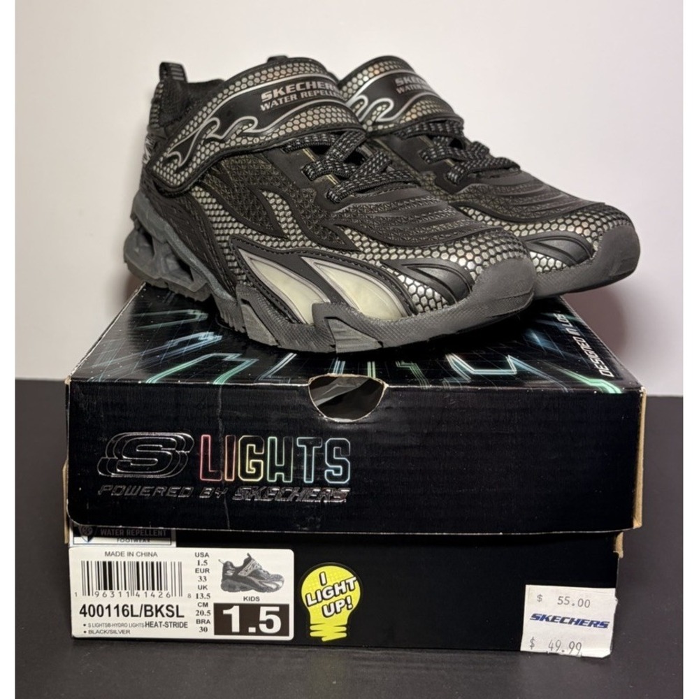 Skechers Boys S-Lights Hydro Heat Stride 400116L‎ Black Silver Sneakers 1.5Y